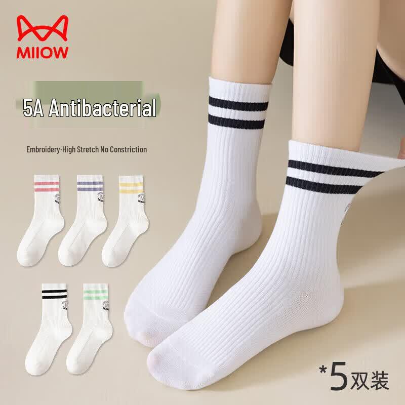 Miiow Women s 5-Pair Striped Embroidered Mid-Calf Cotton Socks One Size
