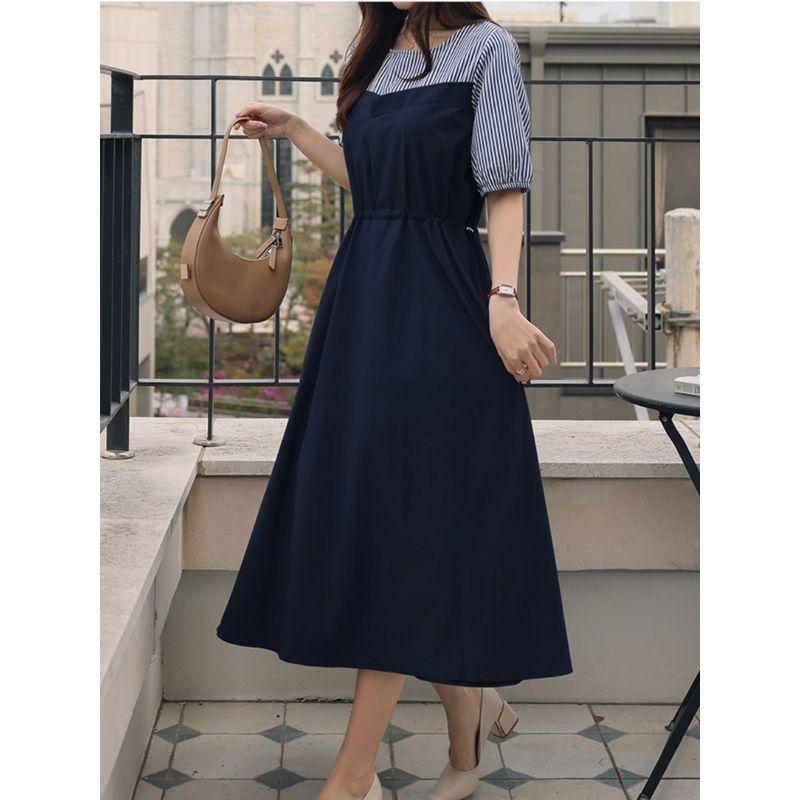 Dongdaemun Plus Size Women's Clothing Chubby Girl round Neck Stripes Short Sleeve Stitching Short Sleeve Mid Length Long Length Waist Tight Dress Tide