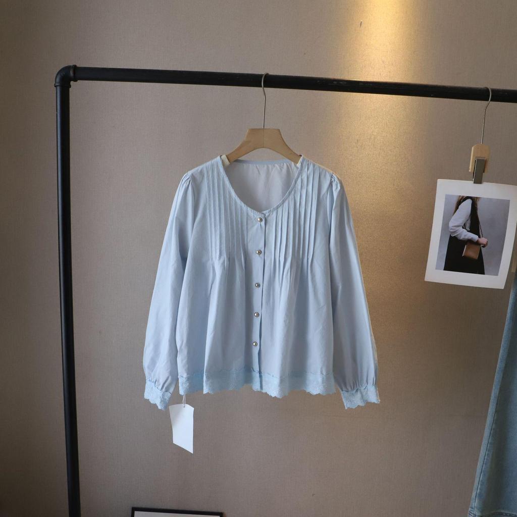 [Bi Zheng] 2025 Frühling Koreanischer Stil Damen Schwerindustrie Plissierte Spitze Langarmbluse 3296