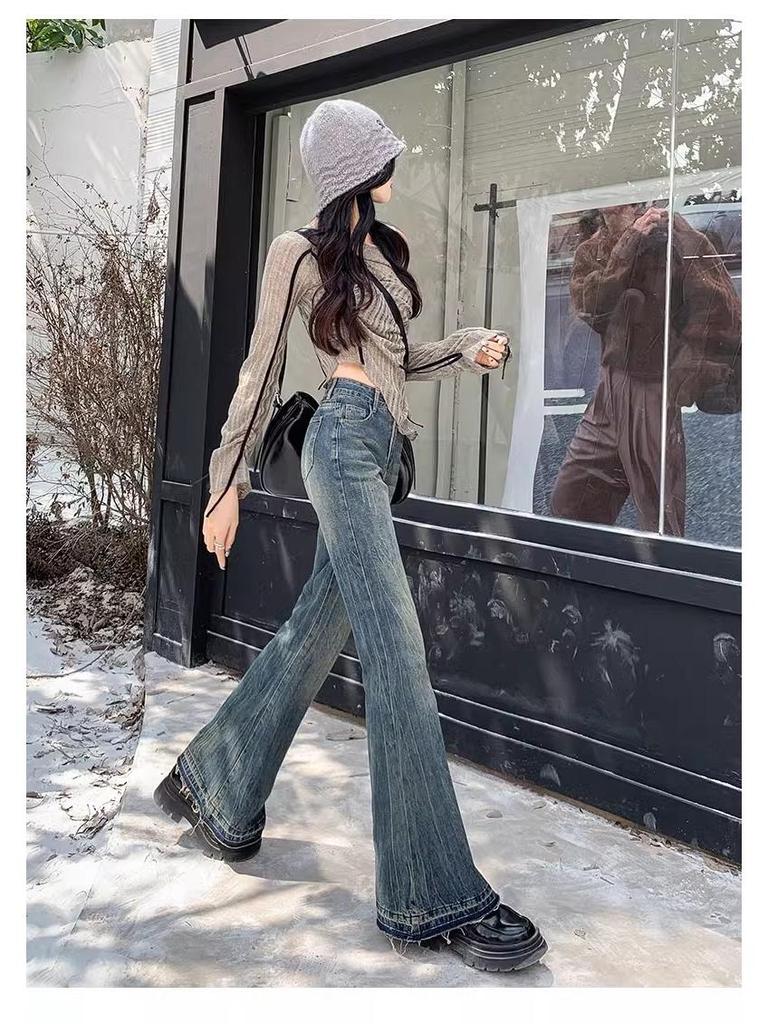 Women's High-Waist Retro Flare Jeans - Plus Size, Washed with Raw Edge, Ideal for Autumn/Spring Fashion.