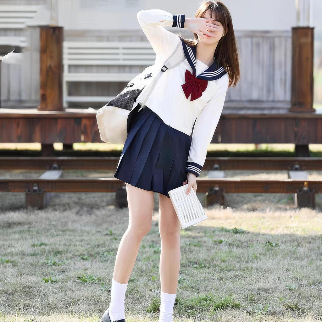 Maazusa Sailor Long JK Bow and Goldfish Two White Student School Cultural Costume Uniform, Sleeve, 3-Piece Set, Uniform, Cosplay, Knot, Strands, Cute,