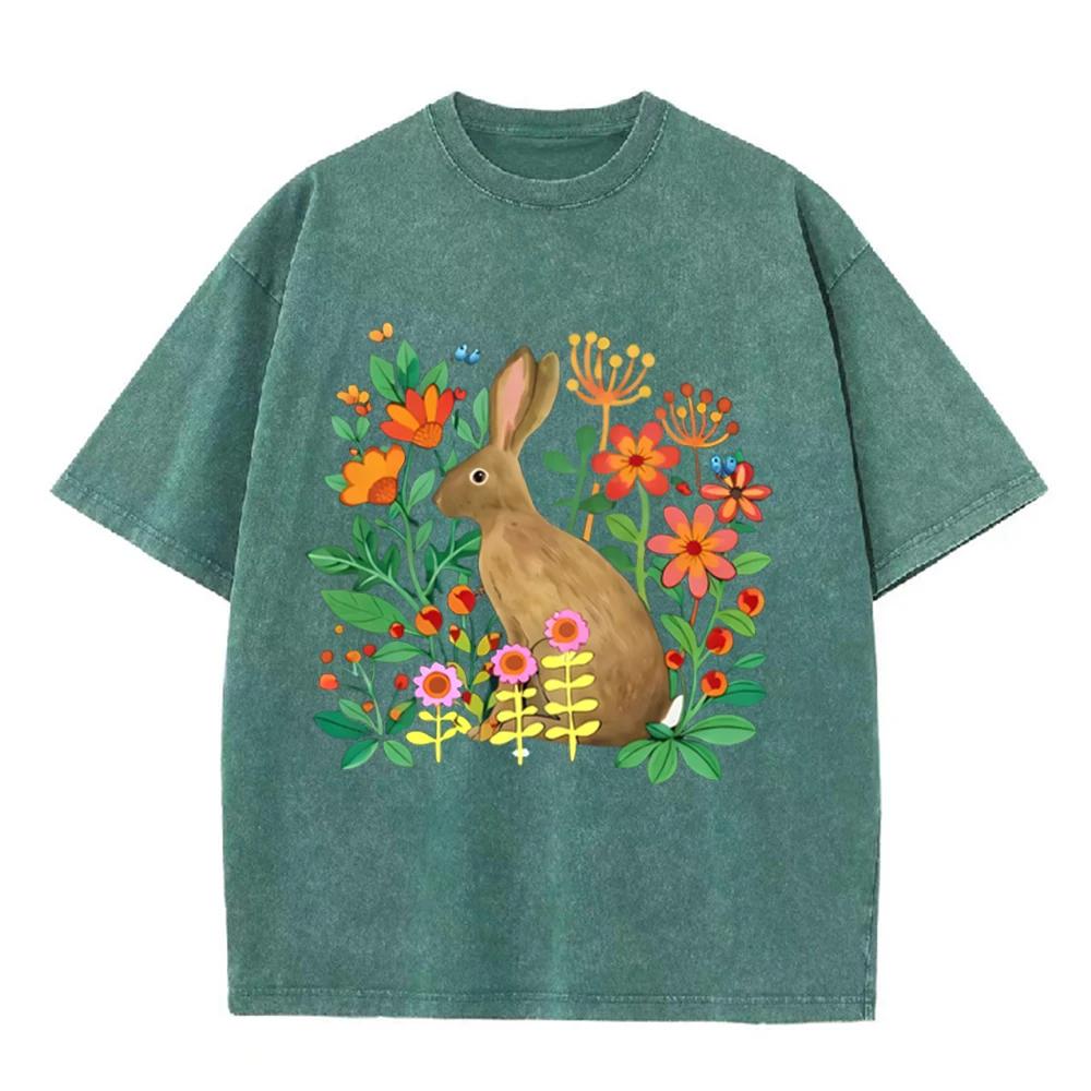 2026 Vintage Floral Wild Rabbit Butterfly Graphic Beige Washed T Shirt Countryside Garden Cute Animal Casual Oversized Unisex Sh