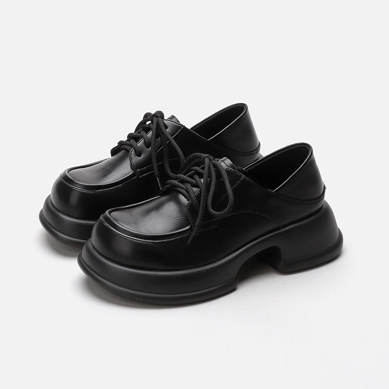 Small Leather Shoes Women's New Thick-heeled Black British Retro Lace-up Loafers Preppy Style Thick-soled Women's Shoes