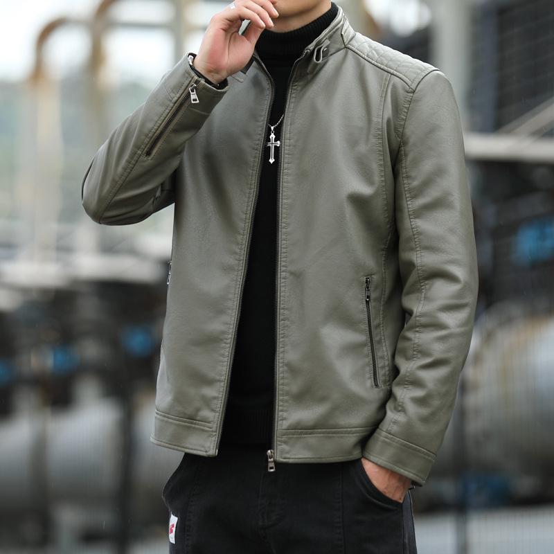 Leather Jacket Men's Trendy Autumn and Winter New Men's Korean Style Slim Stand Collar Casual Jacket Green PU Leather Jacket for Men