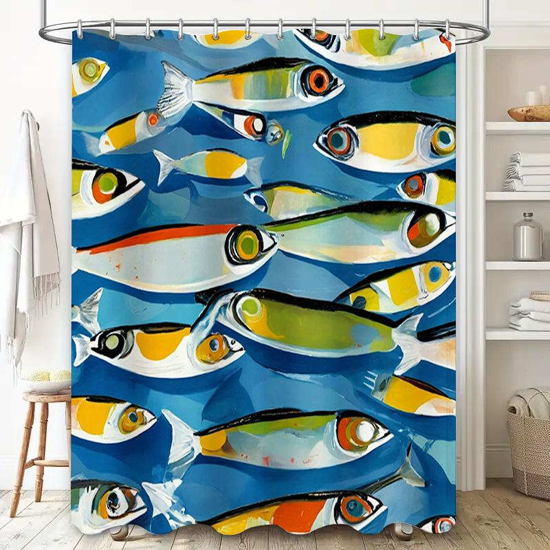 Bright Fish Print Shower Curtain Waterproof Fabric Home Decoration Wall Hanging Blue Green Yellow Decorative Bathrooms