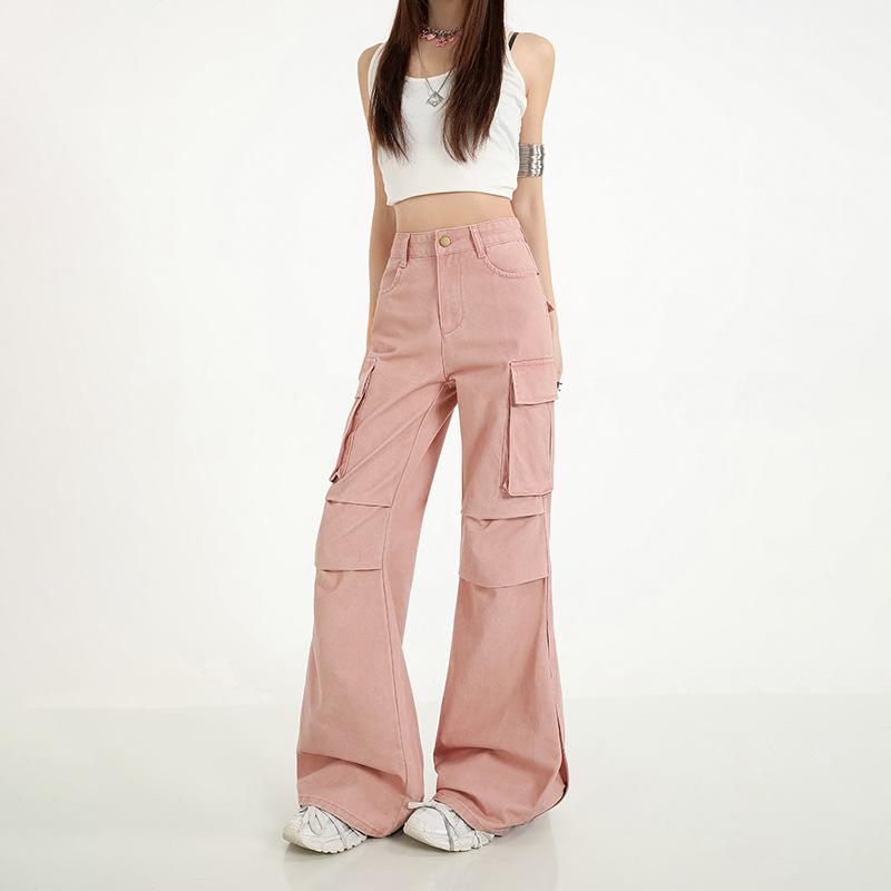 trendy pure cotton tooling casual micro-pull jeans women's loose sticker bag fashion deconstruction splicing non-stick leg flared pants