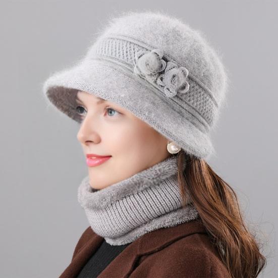 2Pcs/Set Women Winter Hat Scarf Set Elastic Soft Warm Solid Color Design Imitation Rabbit Fur Basin Hat Scarf Set