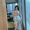 Summer New White Chest With A Row Of Buttons Irregular Lace Perspective Two-Piece Suspender Dress Summer