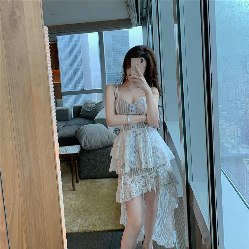 Summer New White Chest With A Row Of Buttons Irregular Lace Perspective Two-Piece Suspender Dress Summer