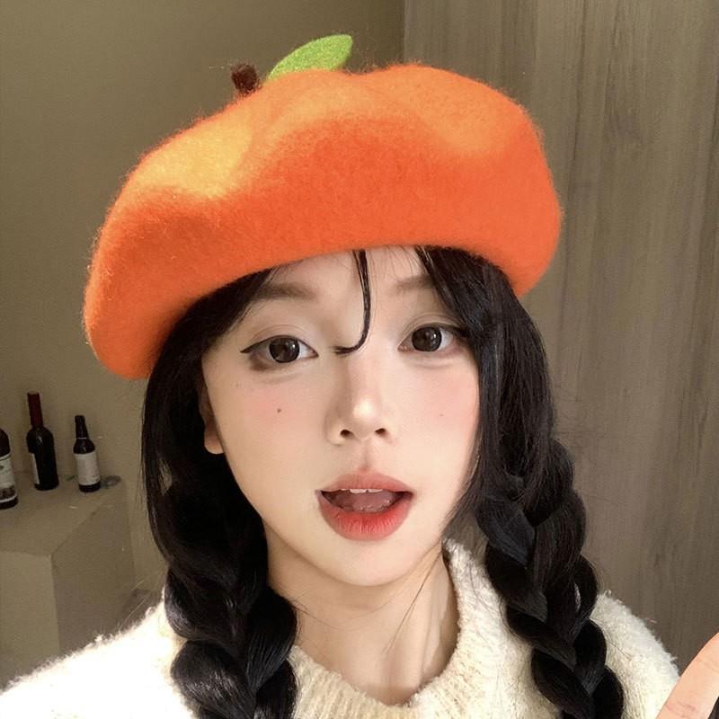 Womens Wool Blend Beret Hat With Fruit Cartoon Print - Soft Pastel Farmhouse Style Foldable Adjustable