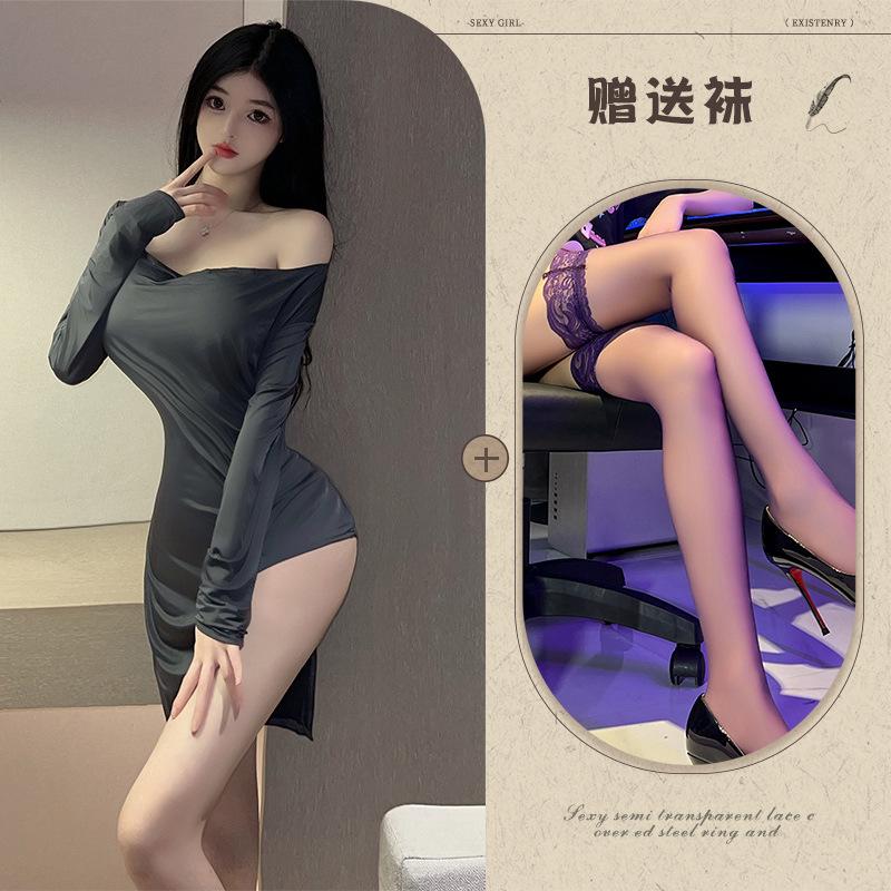 Split Perspective Sex Underwear Sexy Nightclub Style Uniform Hot Free Ice Silk Large Dress