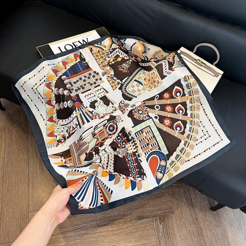 Silk scarf women's spring and autumn decoration versatile ins simple style striped square scarf streamer simulation silk fashion scarf scarf scarf