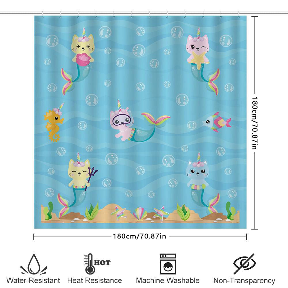 Modrý mořský panna sprchový závěs s potiskem jednorožce a kočky pro dětskou koupelnovou dekoraci, roztomilý design mořského života s bublinkami, látková sada koupelnové předložky (180x