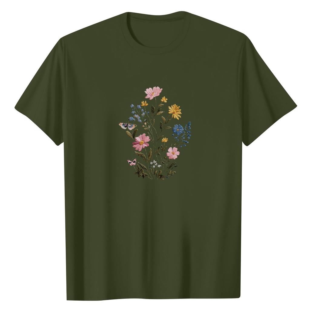 Women's Fashionable Round Neck Casual Retro Print Short Sleeved T-shirt Top