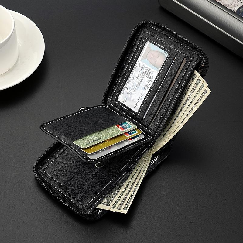 Men’s PU Leather Zip Around 3 Folding Wallet RFID Card Holder ID Window Coin Pocket Short Compact Wallet Cash Purse