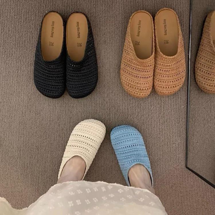 2025 New Woven Breathable Bag Head Drag Outer Wear Round Head Thick Bottom One Pedal Half Drag Comfortable Soft Bottom Cool Slippers