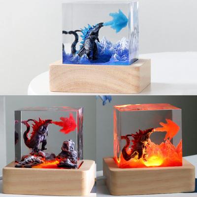 5cm Cube Firedragon Epoxy Resin Statue Monster Volcano Micro Landscape Desktop Decoration Night Glowing Gift Room Accessories