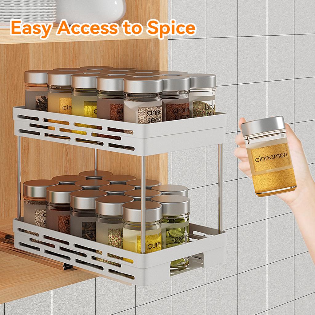 2 Tier Pull Out Plastic Storage Rack Large Capacity Kitchen Cabinet Storage Organizer Drawer Spice Jar Storage Shelves