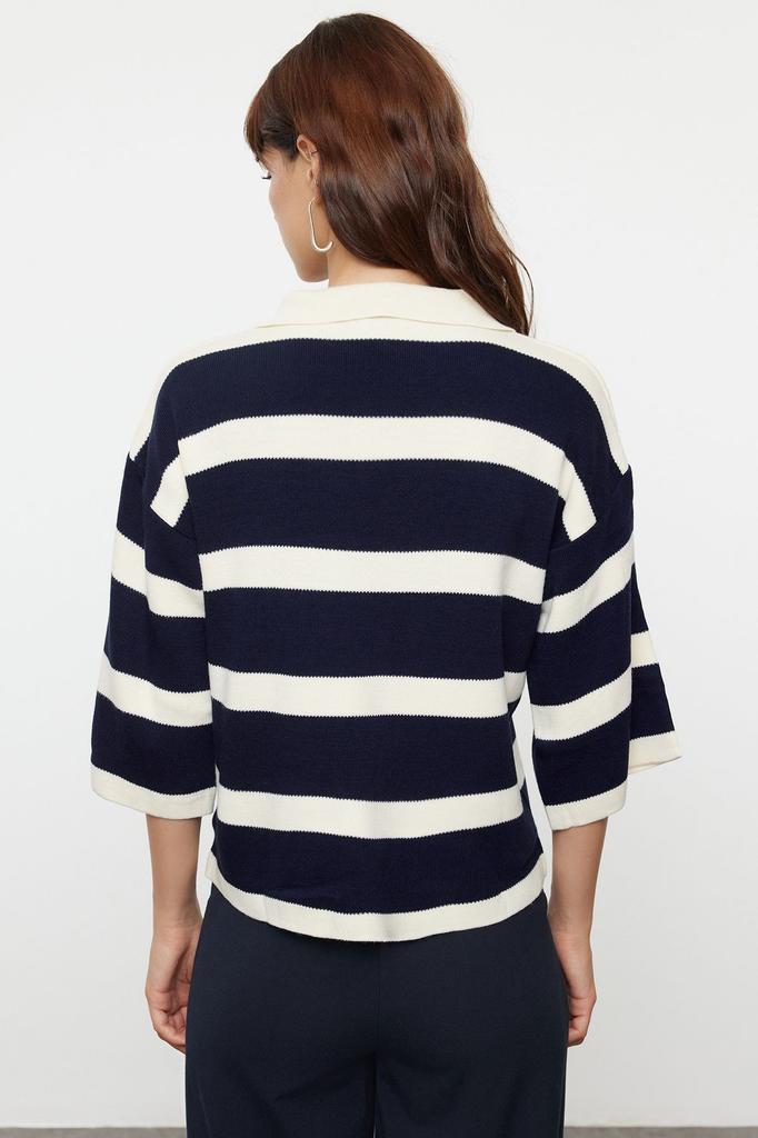 Women's Fashion Stylish Sweater Cream Polo Neck Basic Striped Knitwear Sweater