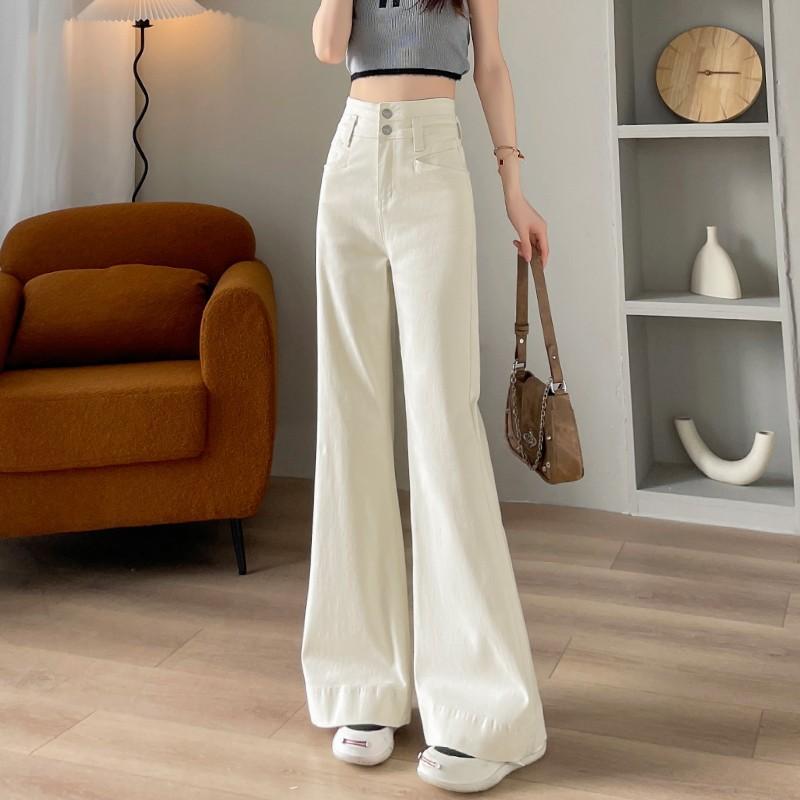Women Cream White Flared Jeans High Waist Double Button Slim Fit Wide Leg Denim Pants Fashion Bell Bottom Long Trousers
