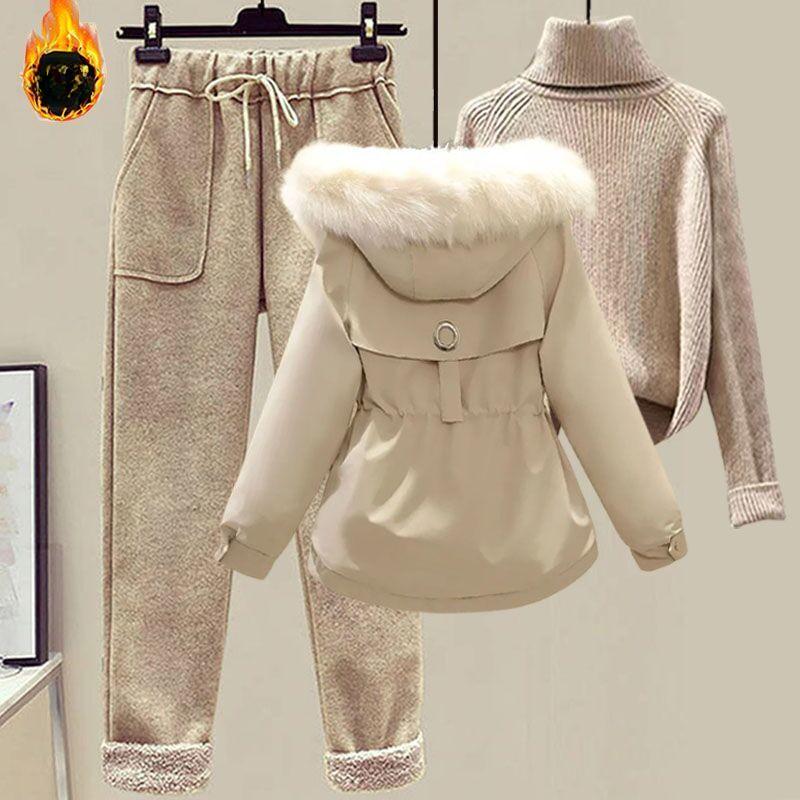 Women's Winter Suit Parker Jacket   Woolen Casual Pants + Turtleneck Sweater Fashion Three-piece Suit Women