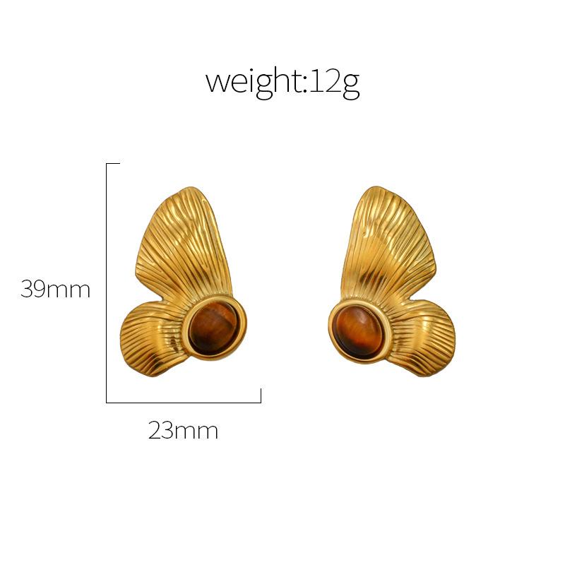 New Niche Exaggerated Tiger'S Eye Stone Inlay Design Earrings Stainless Steel Flower Studs Fashion Temperament Earrings