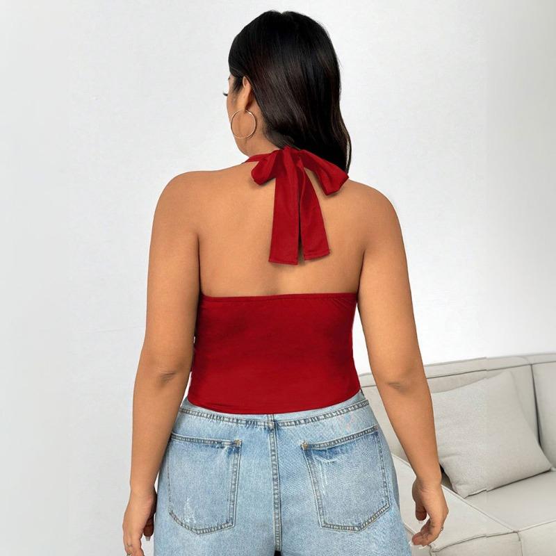 Women Plus Size Sexy Burgundy Halter Backless Cropped Cami Top