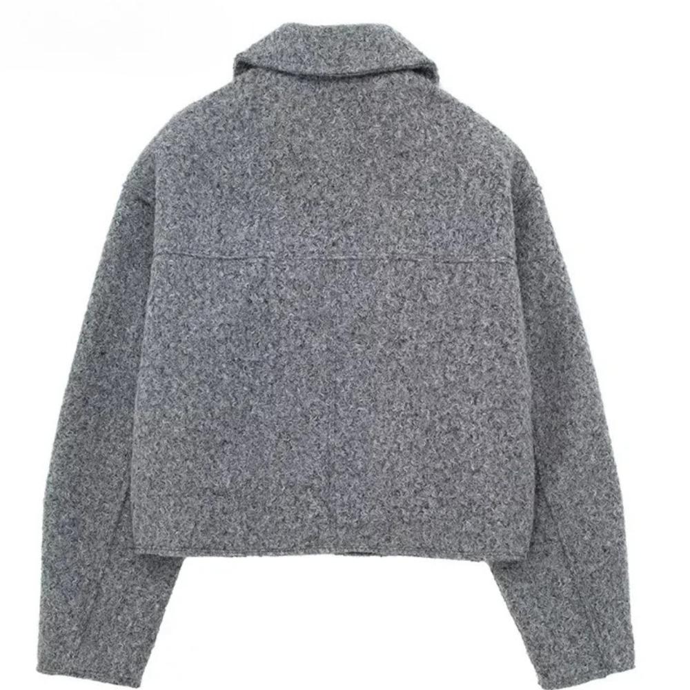 \Women Fashion with Pockets Grey Front Zipper Jackets Vintage Lapel Neck Long Sleeves Female Chic Lady Outfits