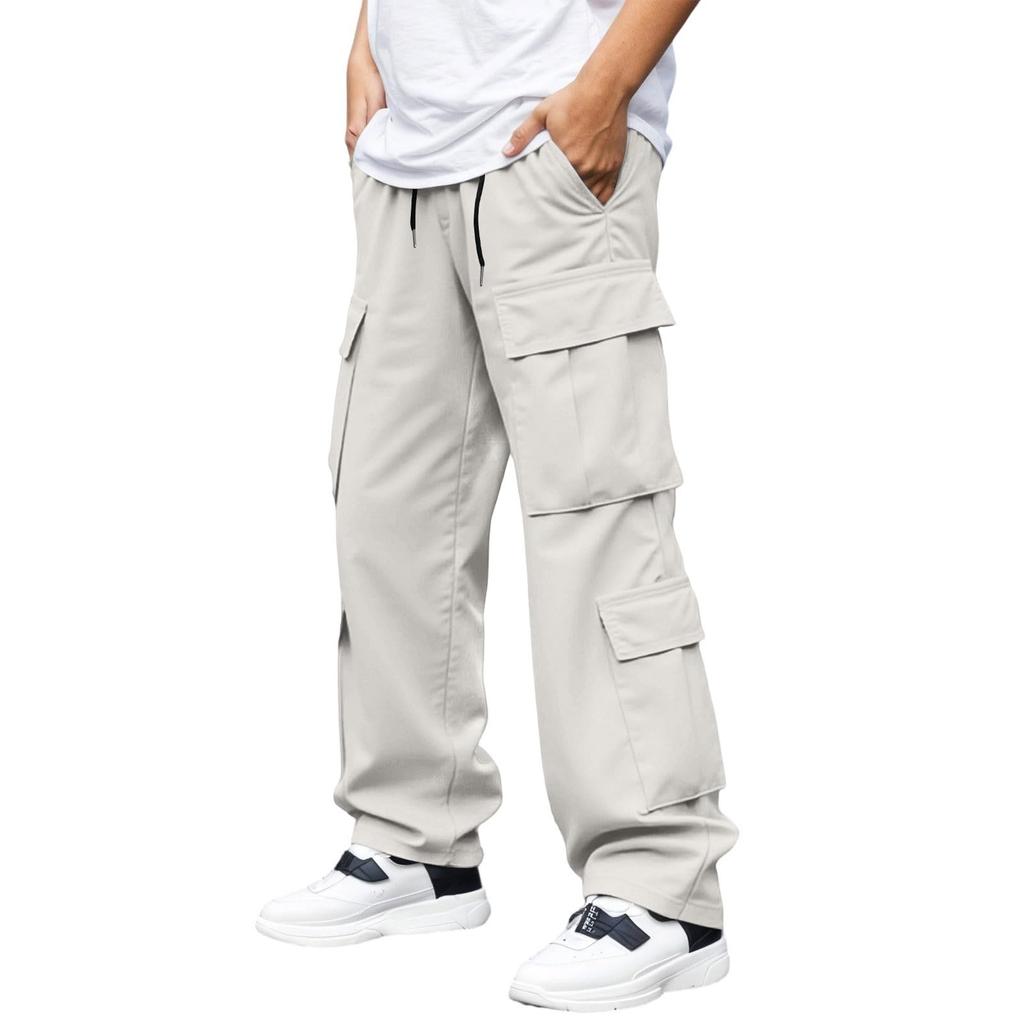 Men's Multi-Pocket Cargo Drawstring Hiking Pants, Loose Fit Casual Athletic Trousers