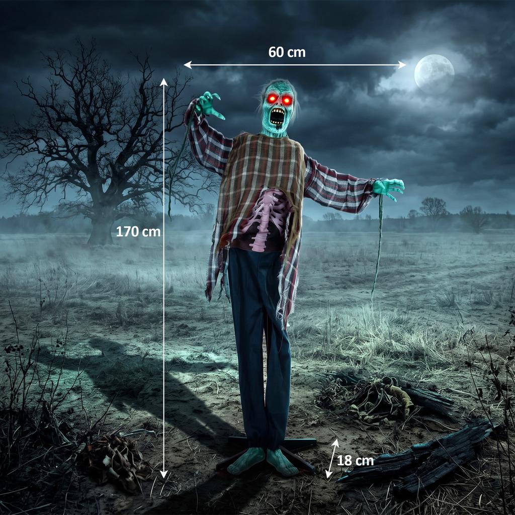 Animated Halloween Zombie Life-Size, 170 cm, with Sound and Touch Activation, Spooky Decoration