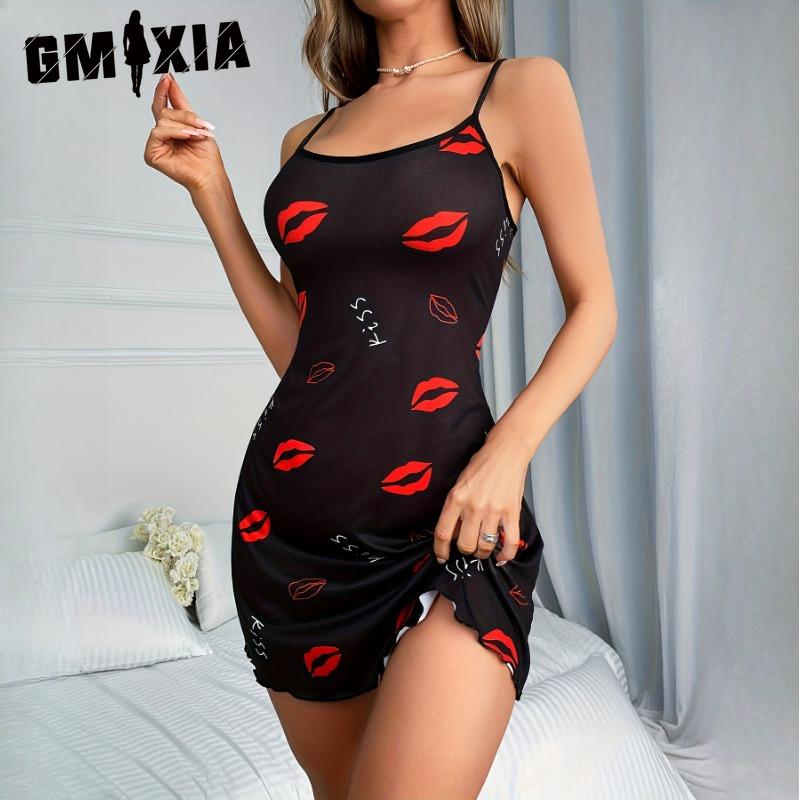 GMXIA Jarní a letní sexy noční košilka Pohodlné dámské domácí oblečení Halter Tištěné šaty