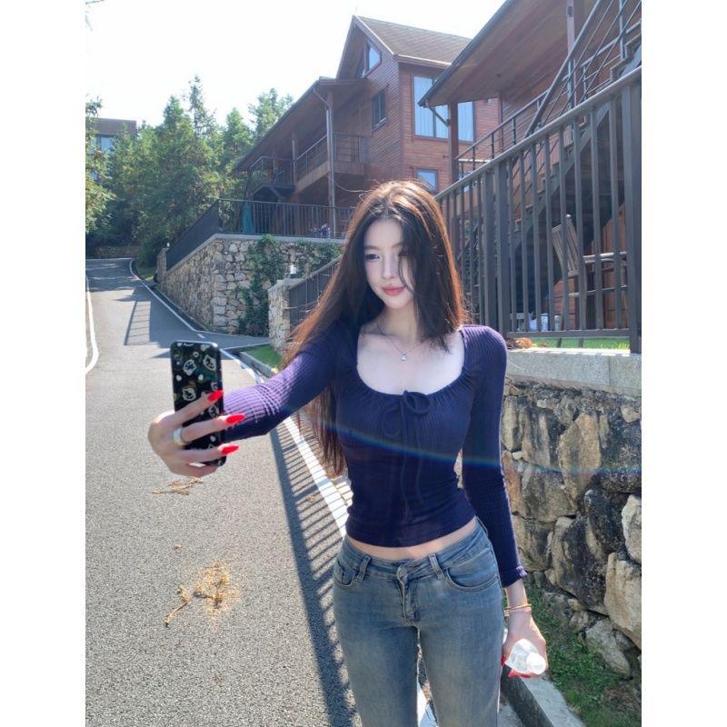 Koreanischer Stil Quadratischer Ausschnitt Langarm Enganliegend Geripptes T-Shirt für Damen - Herbst Winter Bindung Vielseitiges Oberteil