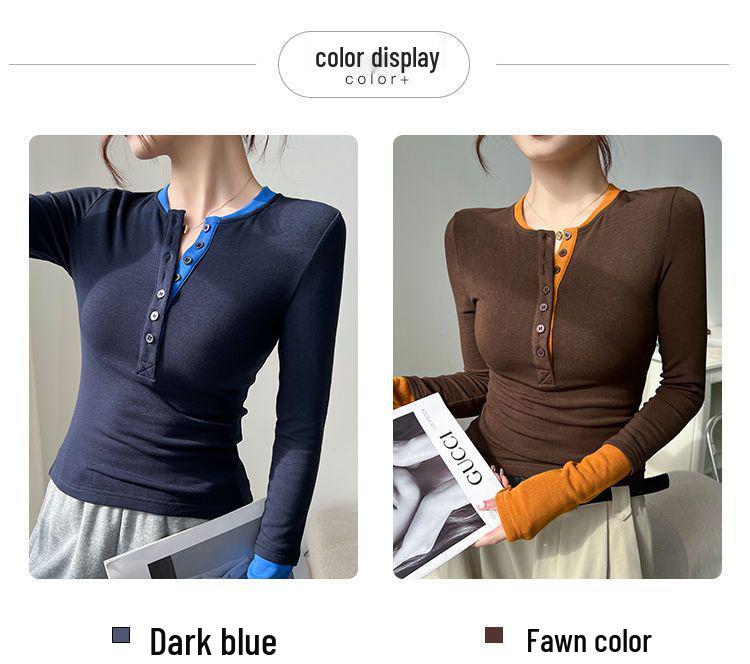 American Color Block Fashion Faux Two-Piece Long Sleeve Slimming Autumn Top