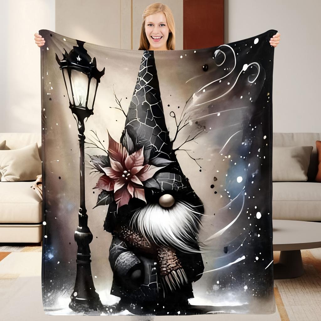 Vintage Gnome Street Lamp Flannel Throw Blanket Dark Christmas Gnome Snowy Scene Soft Sofa Bed Decor Blanket