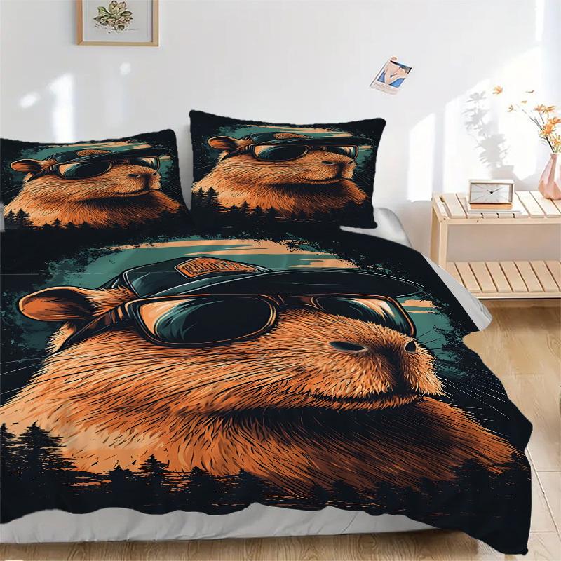 

3PCs Cool Capybara Design Cover Set, Breathable Fabric, Machine Washable (1 Duvet Cover + 2 Pillowcases) (Without Quilt) yy250911150 135x200cm
