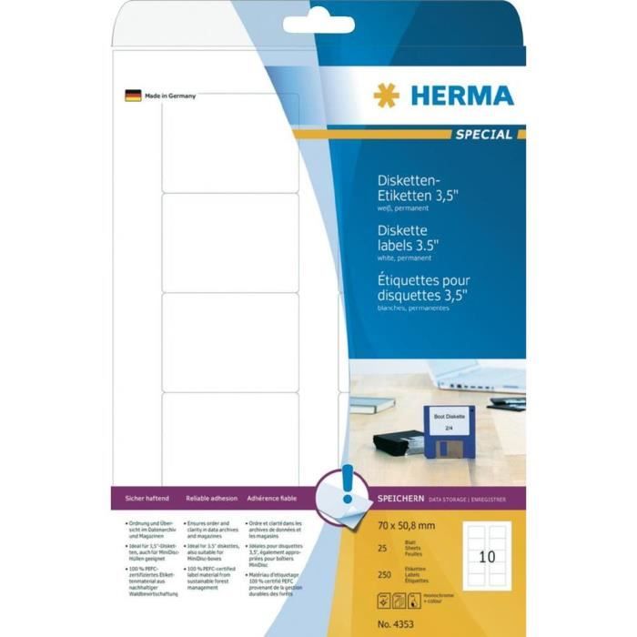 Etiquettes pour disquettes - herma - 4353 - 70 x 50,8 mm - blanc - 250 pièces