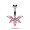 Belly Button Rings Waterproof Butterfly Flower Sparkling Crystal Charm Stainless Steel Navel Barbell for Swimming