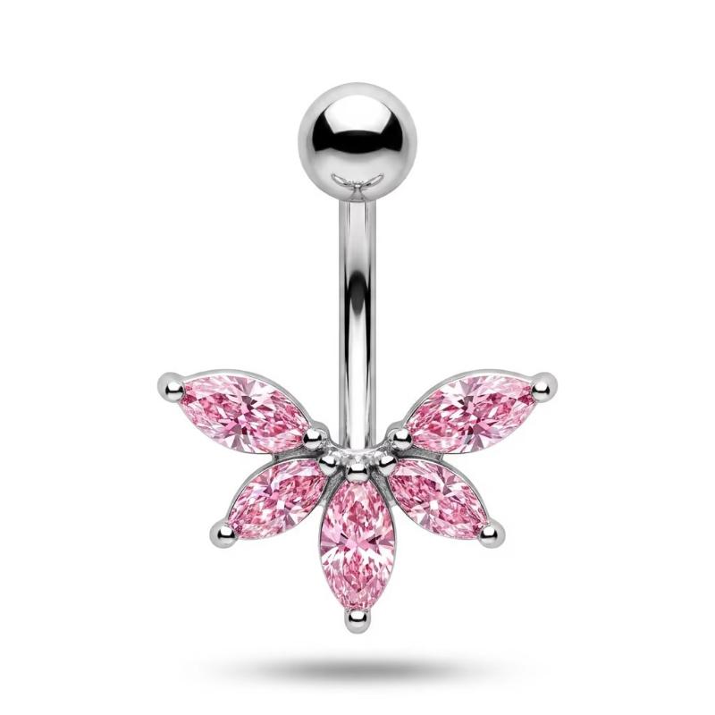 Belly Button Rings Waterproof Butterfly Flower Sparkling Crystal Charm Stainless Steel Navel Barbell for Swimming