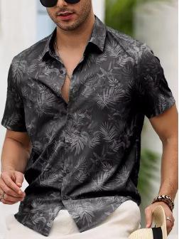 Camisa Masculina de Manga Curta com Botões Estampa Folha de Palmeira Tropical 2026, Camisa Casual de Verão Estilo Praia Casual