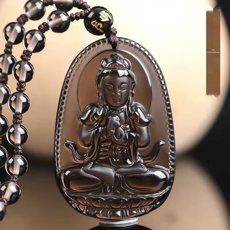 Obsidian Zodiac Pendant Necklace Featuring Akasagarbha, Samantabhadra, and Manjushri Bodhisattvas for the Twelve Zodiac Signs