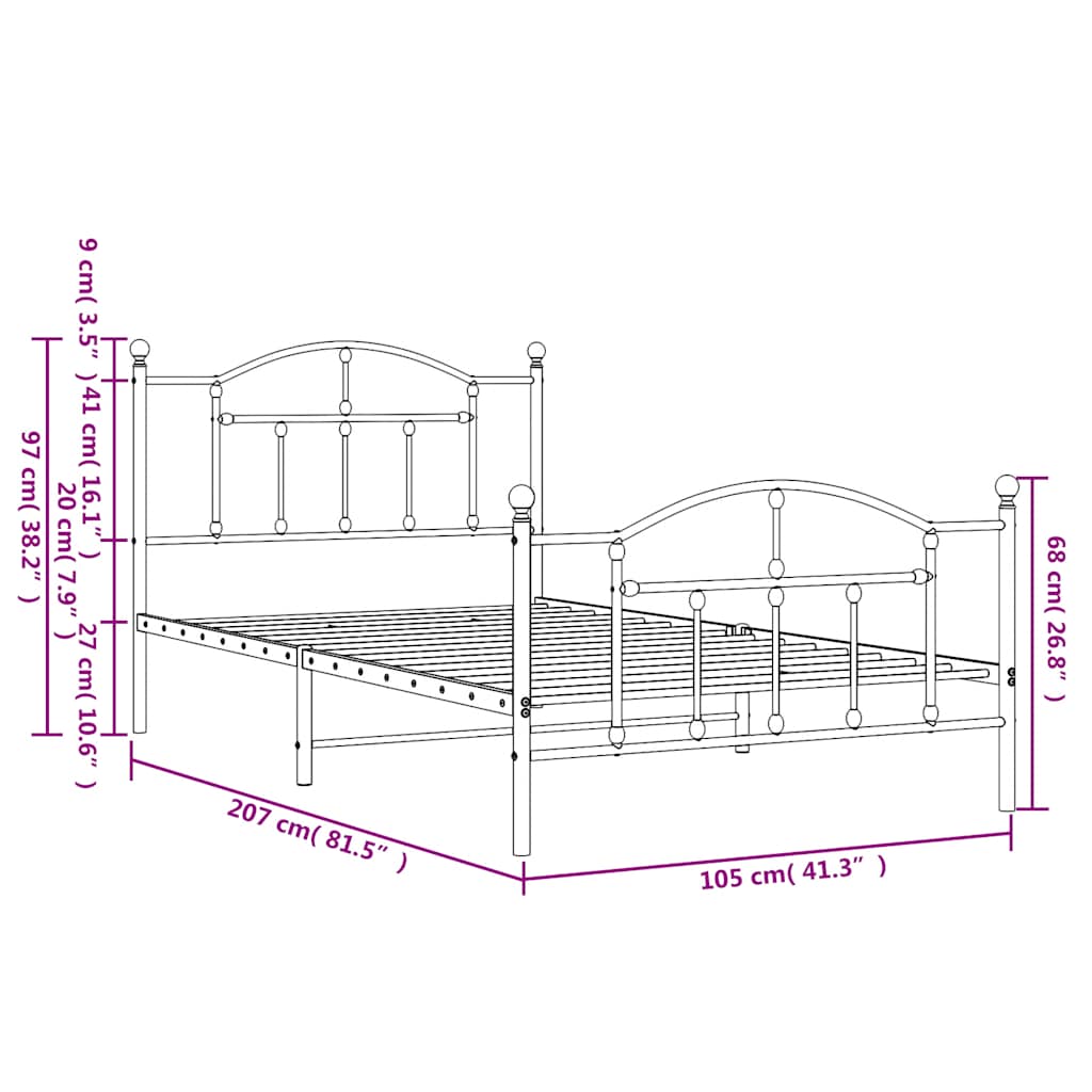 Metal Bed Frame with Headboard and Footboard Black 100x200 cm