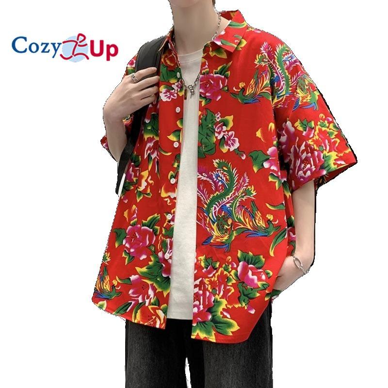 Cozy Up Men's Casual Northeast Large Flower Retro Couple Loose Short-sleeved Floral Shirt