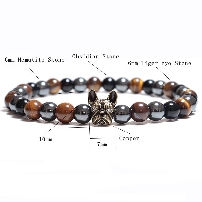 Unique French Bulldog Bracelet Men Natural Tiger Eyes Hematite Turquoises Stone Elastic Bangles Charm Meditation Erkek Bileklik