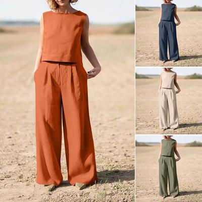 Top Solto de Verão com Decote O Calças de Perna Larga Conjunto de Duas Peças Novo Elegante Pulôver Calças Fato de Verão Mulher Estilo Harajuku Fato de Algodão Linho