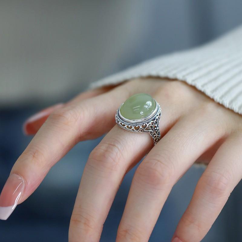 Adjustable Open Ring Women Men Vintage Chinese Style Hollow Oval Jade Inlay Bohemian Ethnic Minimalist Statement Jewelry