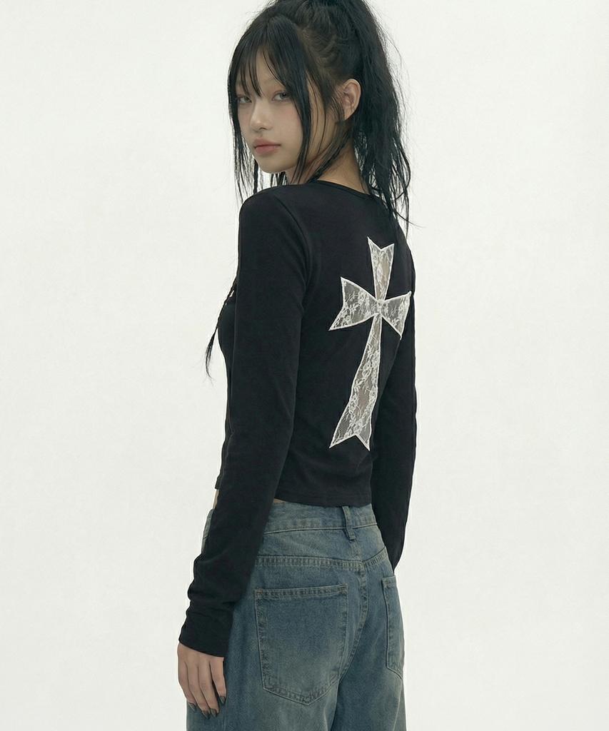 GRAVER [Unisex] Lace Back Cross U-Neck Long Sleeve_Black