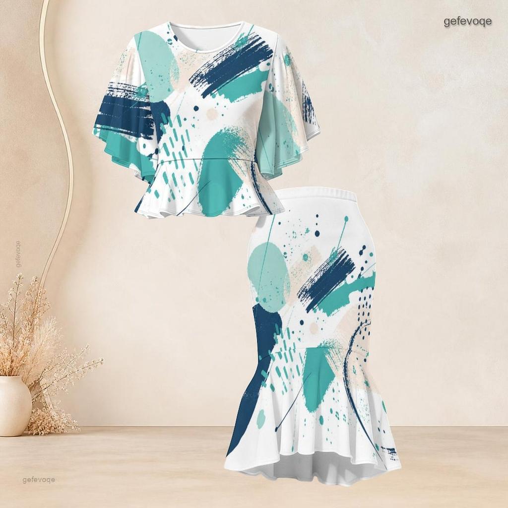 Women Plus Size Abstract Printed Round Neck Batwing Sleeve Ruffle Hem Top Fishtail Skirt Two Piece Set
