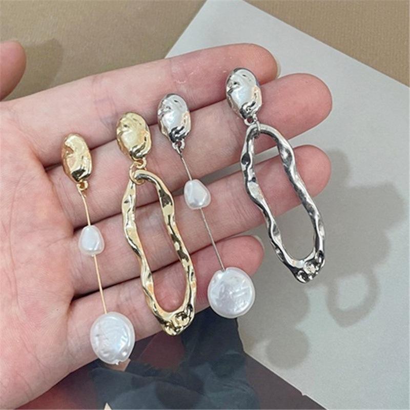 Asymmetric Earring Freshwater Pearl Metallic Exaggerated Long Stud Earring Ladies and Girls Party Jewelry Gifts