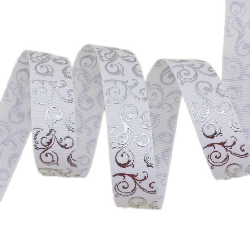 (10 yards/lot) 25mm White Silver Hot stamping grosgrain ribbon gift wedding ribbons