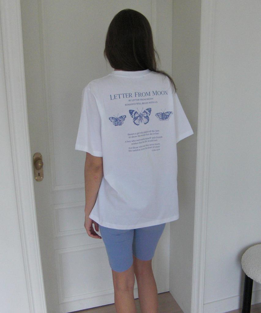 LETTER FROM MOON Triple Butterfly Embroidery Oversized Short Sleeve T-Shirt (White & Blue)